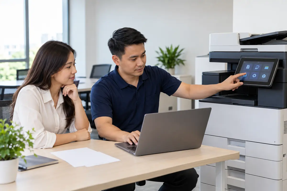 Kỹ thuật viên cài đặt in mạng và scan cho máy photocopy văn phòng
