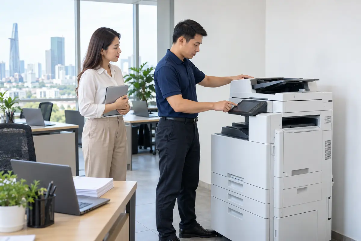 Kỹ thuật viên lắp đặt máy photocopy cho thuê tại văn phòng TP.HCM