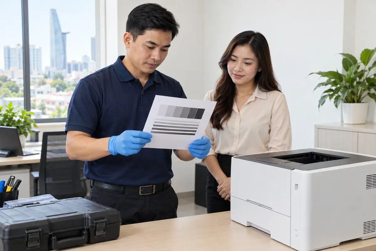 Kỹ thuật viên in thử và kiểm tra bản in sau khi nạp mực