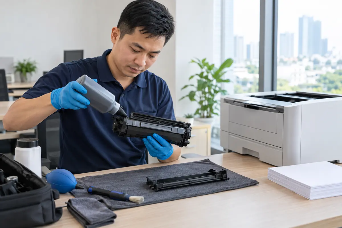 Kỹ thuật viên Tấn Hưng nạp mực máy in tận nơi tại TP.HCM