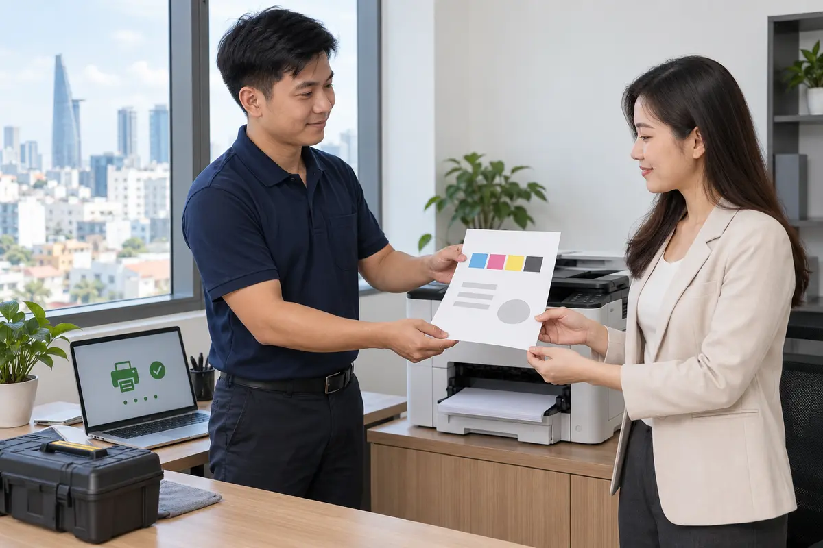 Kỹ thuật viên Tấn Hưng in thử và bàn giao máy in sau sửa chữa